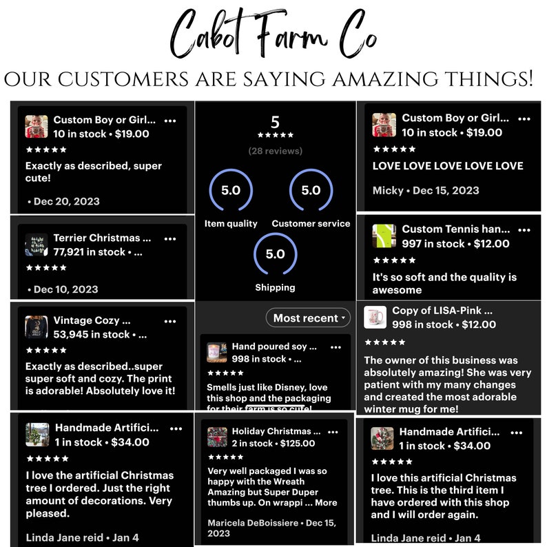 May include: A collage of customer reviews for handmade items, including a Christmas tree, a mug, a tennis ball, and a soy candle. The reviews are all positive and include five-star ratings. The text in the image reads "Cabot Farm Co. OUR CUSTOMERS ARE SAYING AMAZING THINGS!"