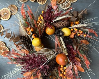 Centerpiece Thanksgiving Wreath Farmhouse Harvest Candle Ring Decor Fruit Small Decoration with Berries Fall Wall Hanging Decor Small Space