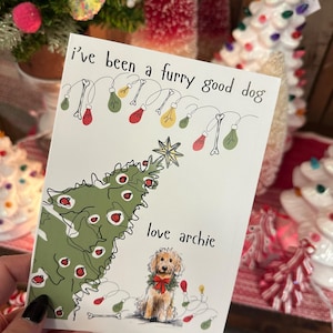 Linda tarjeta navideña personalizada con perro para dueños de mascotas, tarjeta navideña con perro, tarjeta de felicitación dibujada a mano para el nuevo dueño de la mascota, tarjeta ilustrada con perro