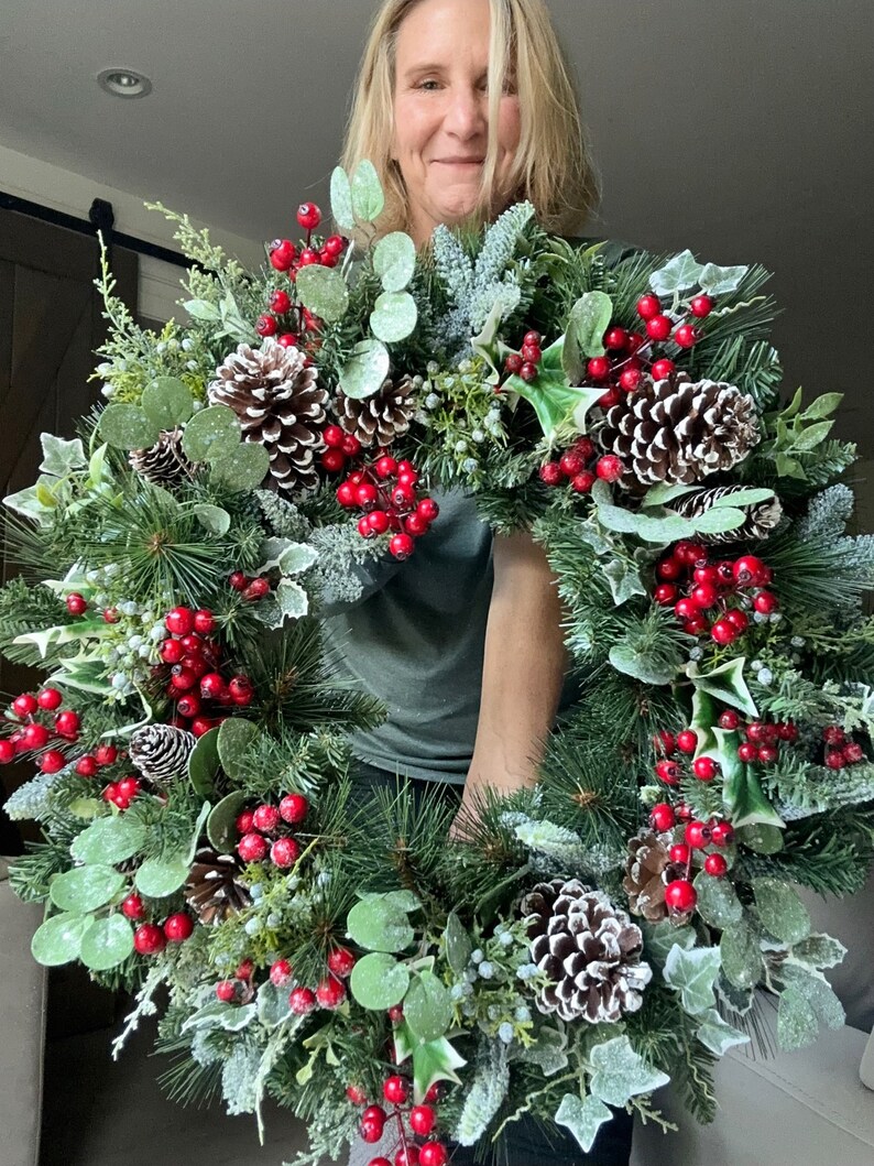 Christmas Wreath With Red Berries Mixed Greenery Pinecones Winter Large ...