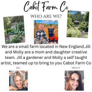 May include: Cabot Farm Co. is a small farm in New England run by a mother and daughter. Jill is a gardener and Molly is a self-taught artist. The image shows a photo of Jill and Molly, along with photos of their farm.