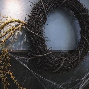 May include: A circular wreath constructed from dark brown, bare, thorny branches. A single, moss-covered branch extends outward from the left side of the wreath. The lower portion of the wreath is draped with thin, white, translucent spiderwebs.