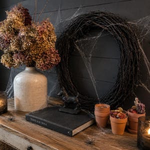 May include: A white ceramic vase with dried hydrangea flowers, a black twig wreath covered in artificial spiderwebs, a black dog figurine, a book titled Tim Flach Dogs, three terracotta pots with dried flowers, and two dark glass candle holders.