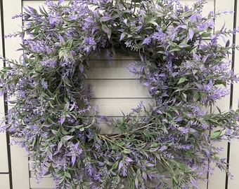 Lavender wreath for front door,Artificial Wreath With Ivy and Mixed Greenery,Cottage Decor, All Year Round Door Wreath With Purple Flowers