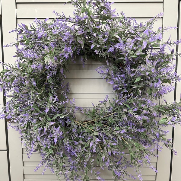 Lavender wreath for front door,Artificial Wreath With Ivy and Mixed Greenery,Cottage Decor, All Year Round Door Wreath With Purple Flowers