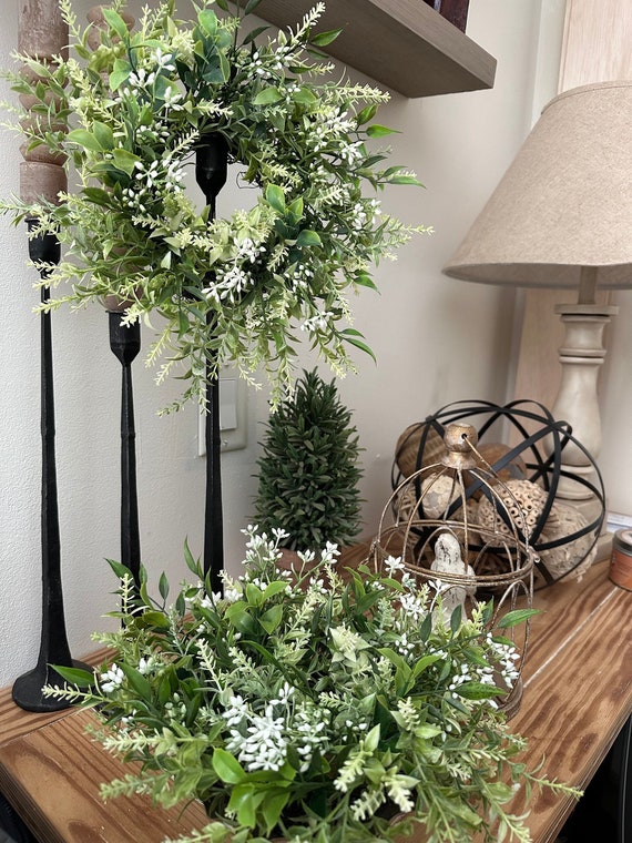 Small Wreath Summer White Lavender Candle Ring RV Camper Door Decor with Greenery Mini Faux Wreath for Table or Wall Shelve Styling Office