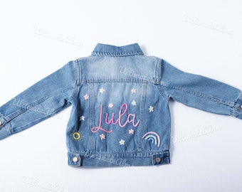 Giacca di jeans blu personalizzata per ragazze / Design floreale ricamato / Perfetta per neonati e bambini piccoli / Regali unici per l'equinozio di primavera