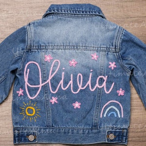 Hand-Embroidered Baby Name Denim Jacket: Personalized Baby Announcement and Shower Gift, Custom Toddler Jean Jacket for Kids image 2