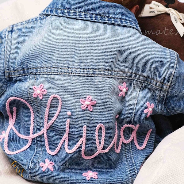 Hand-Embroidered Baby Name Denim Jacket: Personalized Baby Announcement and Shower Gift, Custom Toddler Jean Jacket for Kids