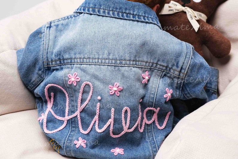 Hand-Embroidered Baby Name Denim Jacket: Personalized Baby Announcement and Shower Gift, Custom Toddler Jean Jacket for Kids image 1