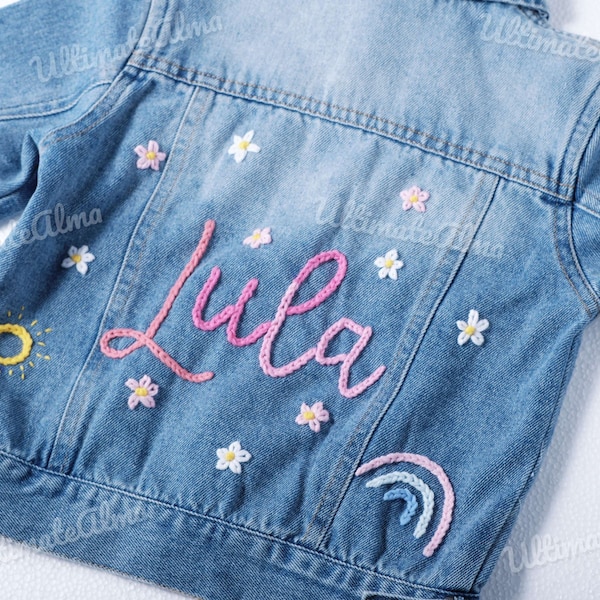 Personalized Blue Denim Jacket for Young Girls | Embroidered Floral Accents | Ideal Birthday Present for Nieces | Springtime Surprise