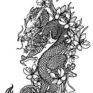 Dragon Tattoo Silhouette with Blossoms: Cricut Cut Files (Digital Download)