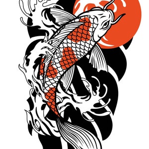 Tattoo Koi Fish Vintage Digital Art. Cut files for Cricut. Clip Art (eps, svg, png, pdf, dxf, jpeg).