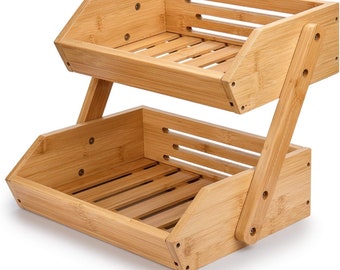 Large Bamboo Fruit Basket, 2-Tier Fruit Bowl for Kitchen Counter, Vegetable Storage Stand for Fruit Shop, 15 mm Thickness (Self-assembly)