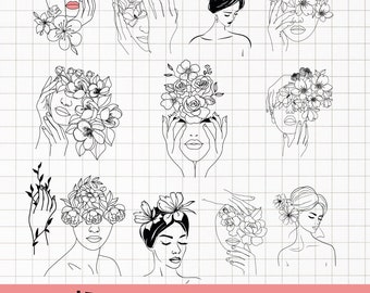 Floral woman Svg, Line Art Svg, Woman with flower head Svg, Naked woman Svg,  Floral svg, Floral line face Svg, Cricut Female Eps, Dxf, Png