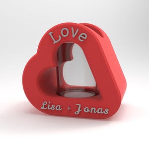 Elegant heart-shaped tealight holder – 3D printed with glass insert and customizable text and individual colors