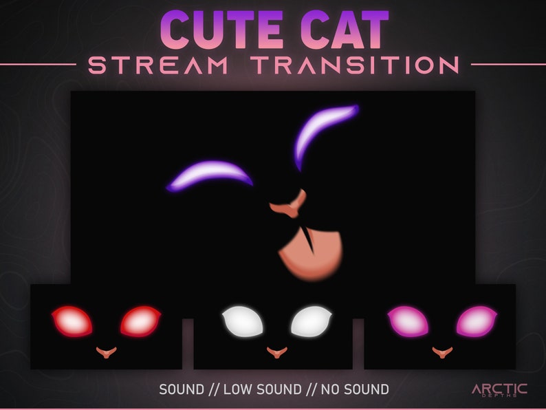 May include: A black cat with pink and purple eyes and a pink nose. The cat is shown with three different eye colors: red, white, and pink. The text "SOUND // LOW SOUND // NO SOUND" is below the cat.