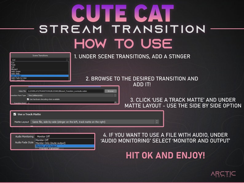 May include: A pink and black graphic with the text "CUTE CAT STREAM TRANSITION HOW TO USE" and instructions on how to use a track matte in a video editing program. The instructions include using a stinger, browsing to the desired transition, and selecting "Monitor and Output" under "Audio Monitoring".