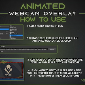 May include: A green and black animated webcam overlay with the text "ARCTIC" in white. The overlay is designed to be used with a webcam and includes instructions on how to add it to a streaming platform.