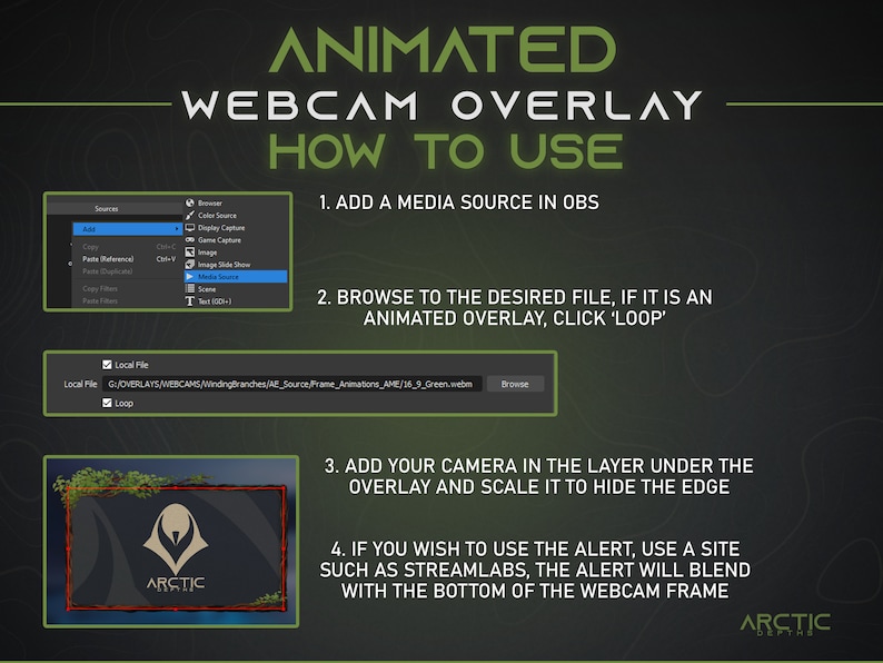May include: A green and black animated webcam overlay with the text "ARCTIC" in white. The overlay is designed to be used with a webcam and includes instructions on how to add it to a streaming platform.