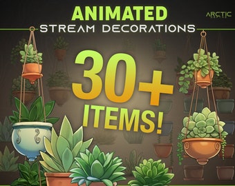 Op de afbeelding: Geanimeerde streamdecoraties met meer dan 30 hangende potplanten met vetplanten in verschillende kleuren en stijlen. De tekst "ANIMATED STREAM DECORATIONS" en "30+ ITEMS!" wordt weergegeven op de afbeelding.