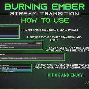 May include: A green and black graphic with the text "BURNING EMBER STREAM TRANSITION HOW TO USE" and instructions on how to use a track matte and audio monitoring in a video editing program.