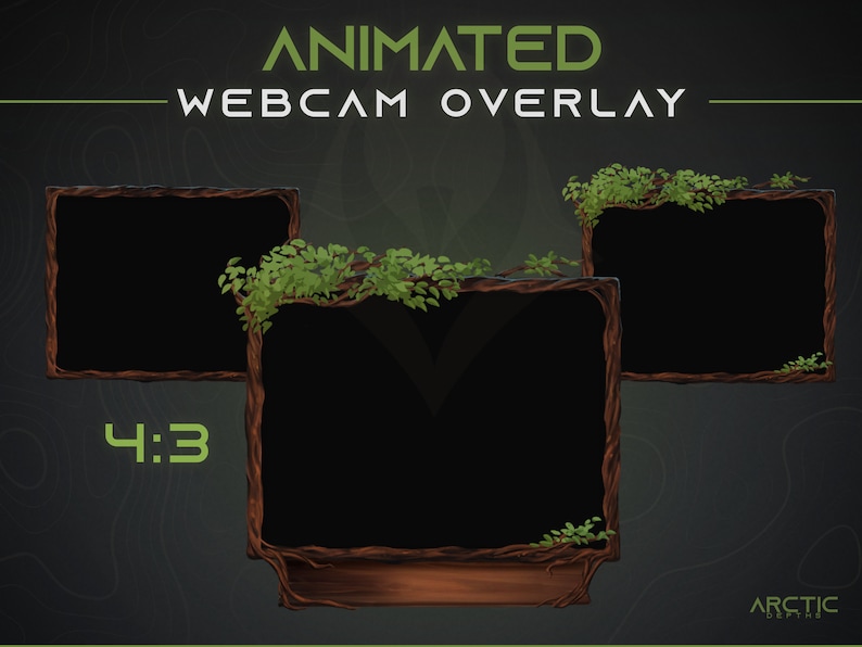 May include: Animated webcam overlay with a 4:3 aspect ratio, featuring a wooden frame with vines and leaves. The overlay has a dark green background.
