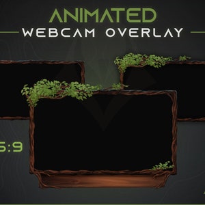 May include: Animated webcam overlay with a wooden frame and vines. The overlay is in a 16:9 aspect ratio. The text "ANIMATED WEBCAM OVERLAY" is at the top of the image. The text "16:9" is at the bottom left of the image. The text "ARCTIC DESIGNS" is at the bottom right of the image.