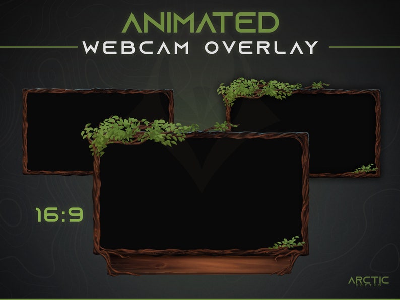 May include: Animated webcam overlay with a wooden frame and vines. The overlay is in a 16:9 aspect ratio. The text "ANIMATED WEBCAM OVERLAY" is at the top of the image. The text "16:9" is at the bottom left of the image. The text "ARCTIC DESIGNS" is at the bottom right of the image.