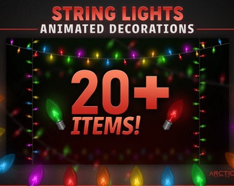 Könnte beinhalten: Animierte Lichterketten mit über 20 Elementen. Die Lichter sind bunt und haben eine festliche Atmosphäre. Das Bild hat einen dunklen Hintergrund mit einem roten Textüberlagerung, der "20+ ARTIKEL!" sagt.