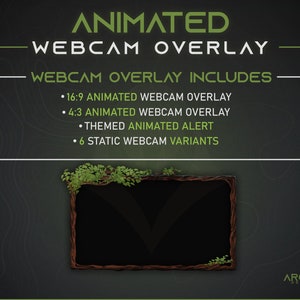 May include: Animated webcam overlay with a rustic wooden frame and green vines. The overlay includes 16:9 and 4:3 animated webcam overlays, a themed animated alert, and 6 static webcam variants.  The text "ANIMATED WEBCAM OVERLAY" is at the top of the image. The text "WEBCAM OVERLAY INCLUDES" is below the top text. The text "ARCTIC DEPTHS" is at the bottom of the image.