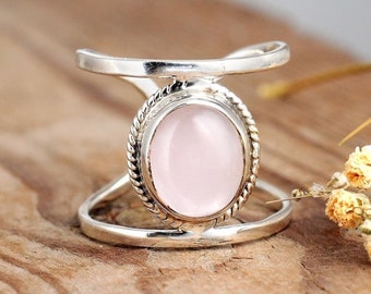 Rose Quartz Ring, Double band Sterling Silver Ring for Women, Adjustable Statement Ring, Boho Ring, Large Gemstone Ring ,Bohemian Jewelry.