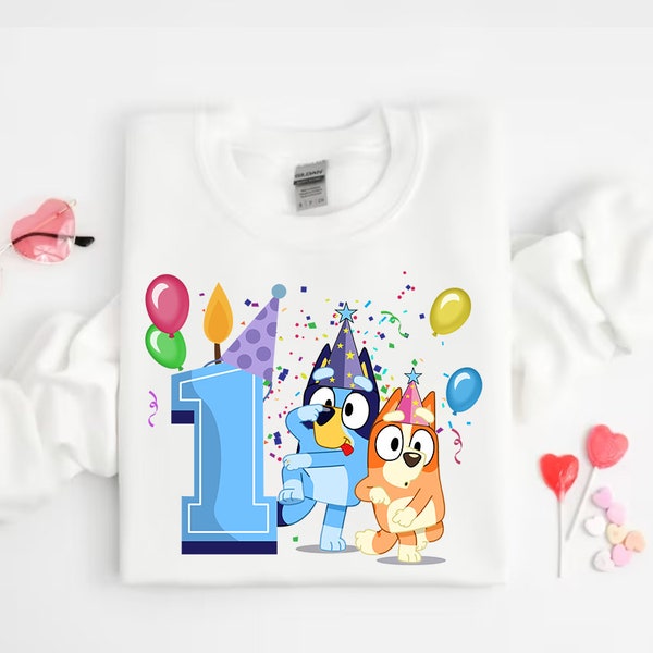 Camicia Bluey e Bingo personalizzata, regalo di compleanno per bambini, maglietta da festa per la famiglia, maglietta con nome ed età personalizzata, maglietta di compleanno personalizzata