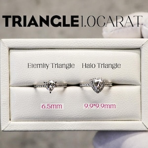May include: Two triangle-shaped diamond engagement rings in a white box. The ring on the left is a 6.5mm eternity triangle ring. The ring on the right is a 9.9mm halo triangle ring. The text "TRIANGLE 1.0 CARAT" is at the top of the image. The text "Eternity Triangle" and "Halo Triangle" are below the rings. The text "6.5mm" and "9.9*9.9mm" are below the rings.