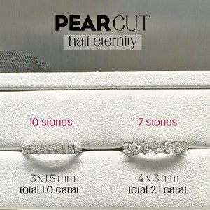May include: Two pear-cut diamond half eternity bands. The band on the left has 10 stones, measuring 3mm x 1.5mm, totaling 1.0 carat. The band on the right has 7 stones, measuring 4mm x 3mm, totaling 2.1 carats.  Both bands are set in white gold.