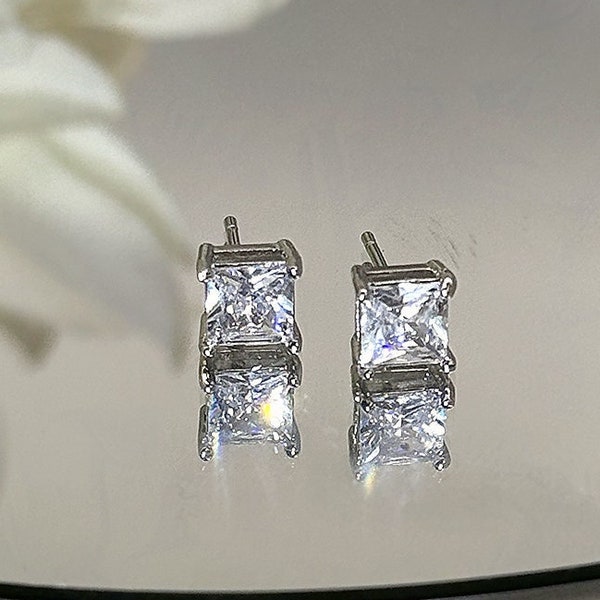 Diamond Stud Earring / Simulated Diamond / Round Diamond Solitaire Stud / Push Back / Unisex Men's Women's / Sold as Pairs Square Princess