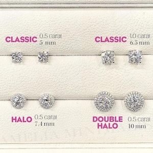 May include: A display of round moissanite stud earrings in four styles: Classic 0.5 carat 5 mm, Classic 1.0 carat 6.5 mm, Halo 0.5 carat 7.4 mm, and Double Halo 0.5 carat 10 mm. The text MOISSANITE ROUND and AMELIA MINIMALIST moissanite jewelry are visible.