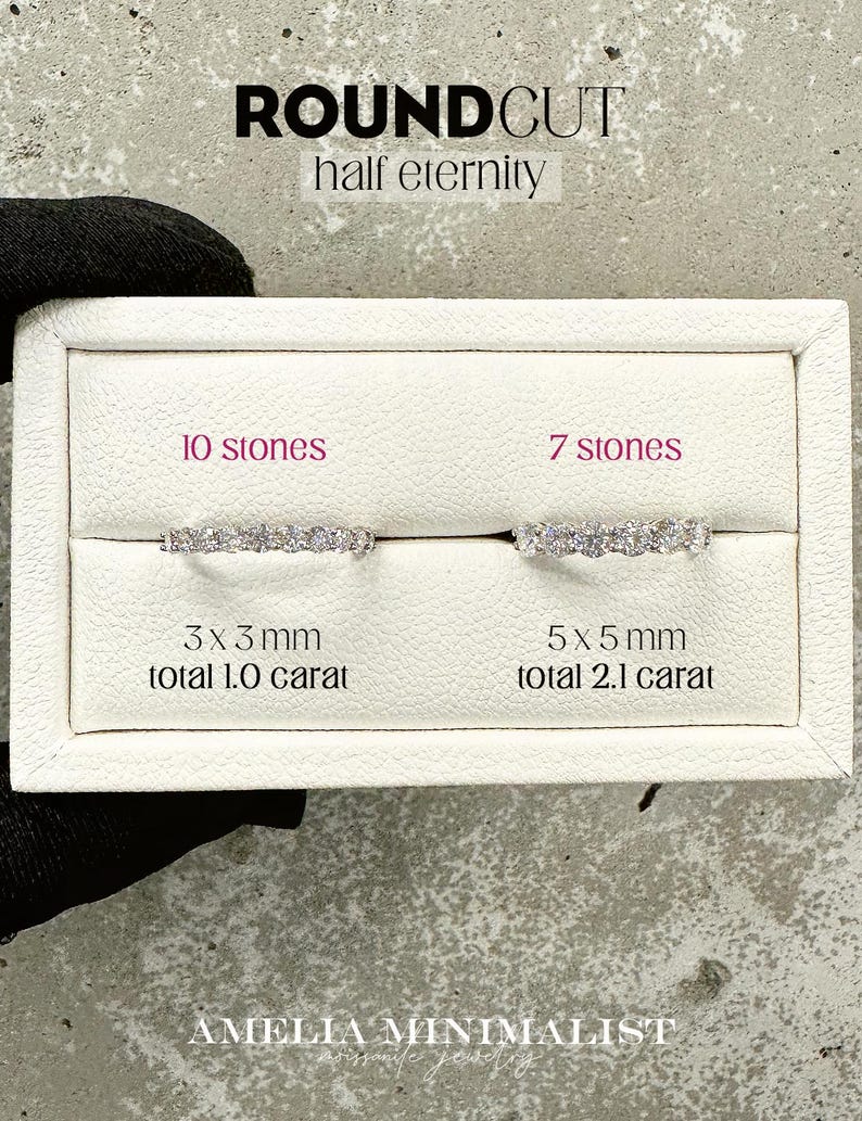 K&ouml;nnte beinhalten: Zwei Halb-Eternity-Ringe mit runden Brillanten. Der Ring links hat 10 Steine, jeder 3 mm im Durchmesser, insgesamt 1,0 Karat. Der Ring rechts hat 7 Steine, jeder 5 mm im Durchmesser, insgesamt 2,1 Karat. Die Ringe werden in einer wei&szlig;en Schachtel mit dem Text "ROUNDCUT half eternity" dar&uuml;ber pr&auml;sentiert.