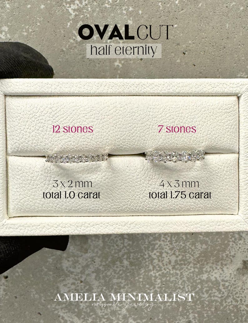 K&ouml;nnte beinhalten: Zwei ovale Diamant-Halbeternit&auml;tsringe. Der gr&ouml;&szlig;ere Ring hat 12 Steine, die 3 mm x 2 mm messen, mit einem Gesamtkaratgewicht von 1,0 Karat. Der kleinere Ring hat 7 Steine, die 4 mm x 3 mm messen, mit einem Gesamtkaratgewicht von 1,75 Karat.