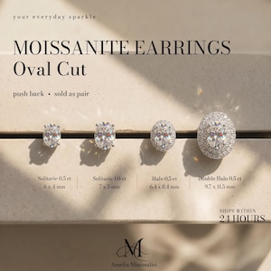 Oval Moissanite Stud Earrings, Dainty Sterling Silver Push Back Studs, Halo Solitaire Round Earrings, Everyday Minimalist Jewelry Gift