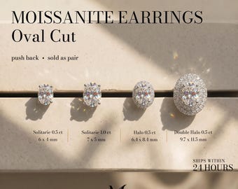Oval Moissanite Stud Earrings, Dainty Sterling Silver Push Back Studs, Halo Solitaire Round Earrings, Everyday Minimalist Jewelry Gift