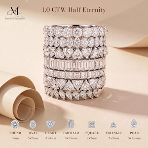 May include: A stack of seven silver-toned half eternity rings featuring various diamond-cut shapes including round, oval, heart, emerald, square, triangle, and pear. Text labels indicate the 1.0 CTW and specific stone dimensions in millimetres.