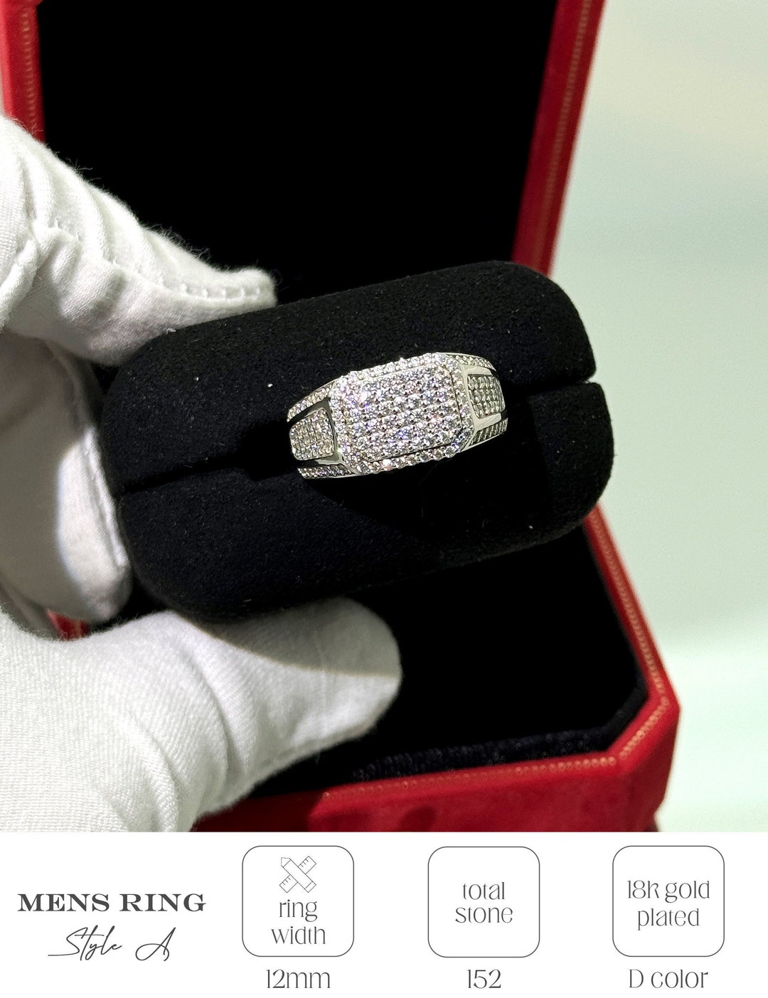 Men’s Moissanite Pinky Ring, Iced Out Hip Hop Rapper Style, 18K White ...