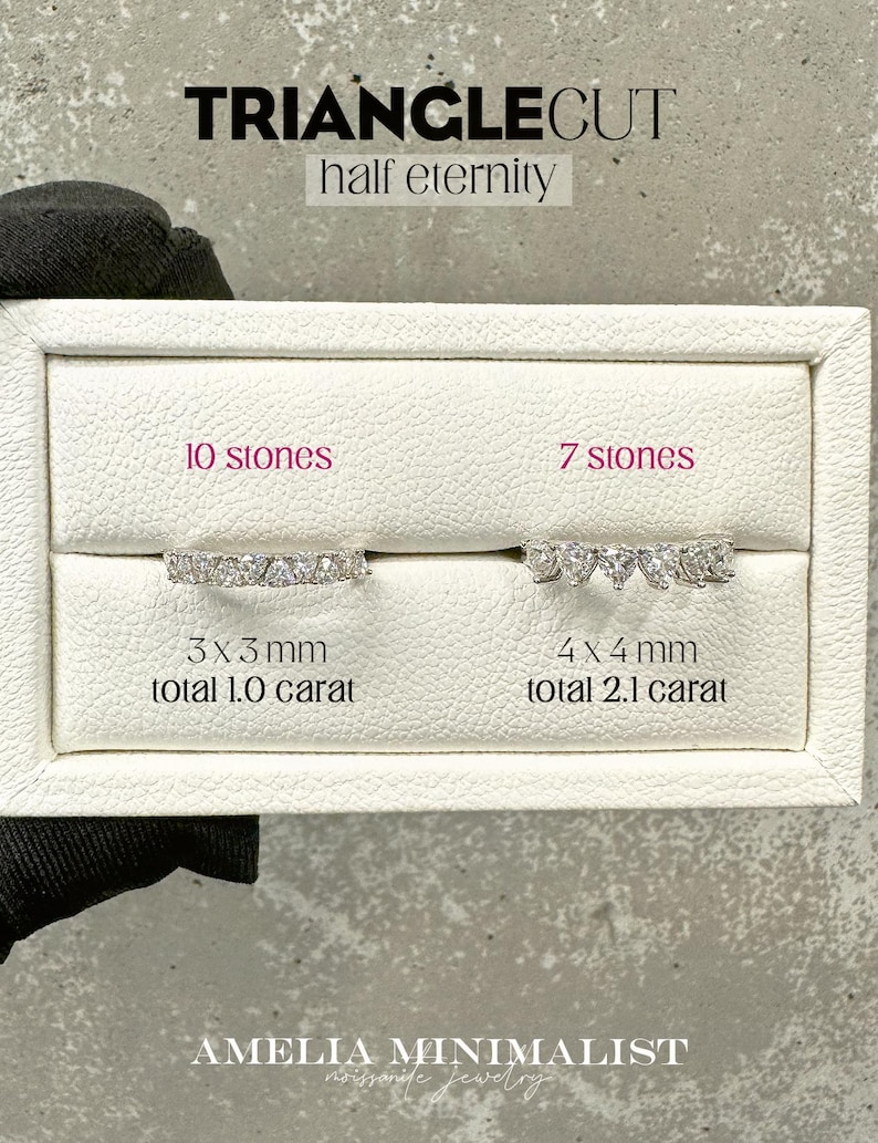 K&ouml;nnte beinhalten: Zwei silberne Ringe mit dreieckigen Diamanten. Der Ring links hat 10 Steine und misst 3 mm x 3 mm, mit einem Gesamtkaratgewicht von 1,0. Der Ring rechts hat 7 Steine und misst 4 mm x 4 mm, mit einem Gesamtkaratgewicht von 2,1. Der Text "TRIANGLECUT half eternity" befindet sich oben im Bild. Der Text "10 stones" und "7 stones" befindet sich unter den Ringen. Der Text "3 x 3 mm total 1.0 carat" befindet sich unter dem linken Ring. Der Text "4 x 4 mm total 2.1 carat" befindet sich unter dem rechten Ring. Der Text "AMELIA MINIMALIST moissanite jewellery" befindet sich unten im Bild.