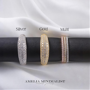 Pave Moissanite Ring Minimalist Wedding Band Three Rows Eternity Ring Sterling Silver Stackable Rings Gold Silver Rose Gold
