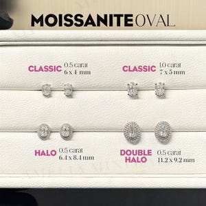 Moissanite Stud Earrings, 0.5 to 1.0ct Oval Shape, Double Halo, 18K Plated Silver, Push Back, Graduation Gift for Her, Passes Diamond Tester