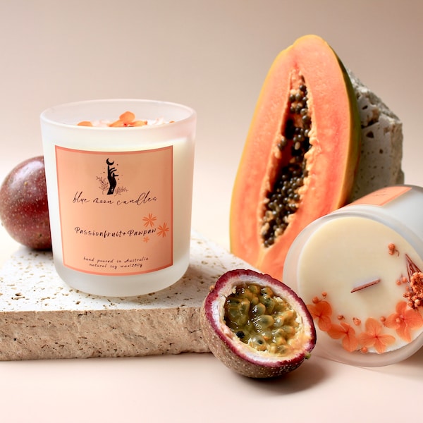 Passionfruit and pawpaw scented candle hand poured handmade candle using pure soy and wooden wick Candle made with real dried flower