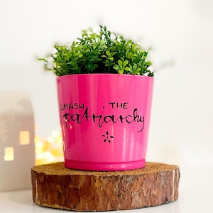 Könnte beinhalten: Ein leuchtend pinker Keramik-Pflanztopf mit einer kleinen grünen Kunstpflanze. Der Topf ist mit dem schwarzen handgeschriebenen Text "SMASH THE patriarchy" und einem kleinen Blumensymbol verziert. Er steht auf einer runden Baumscheibe mit Rinde.