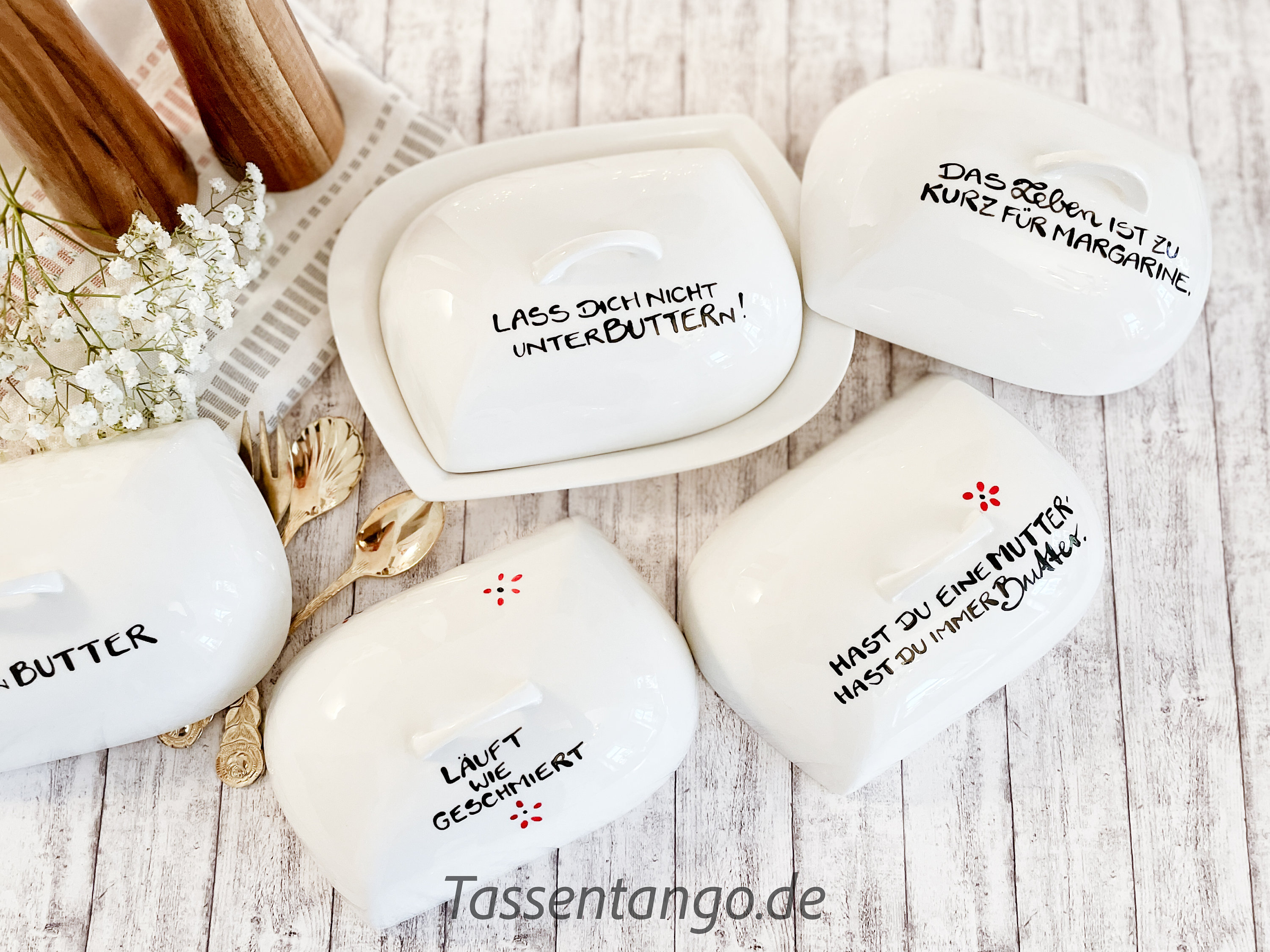 Alles in BUTTER, Butterdose, Butterdose Spruch, Butterdose Porzellan, Butterdose mit Aufschrift, Spruch auf Butterdose, Tassentango