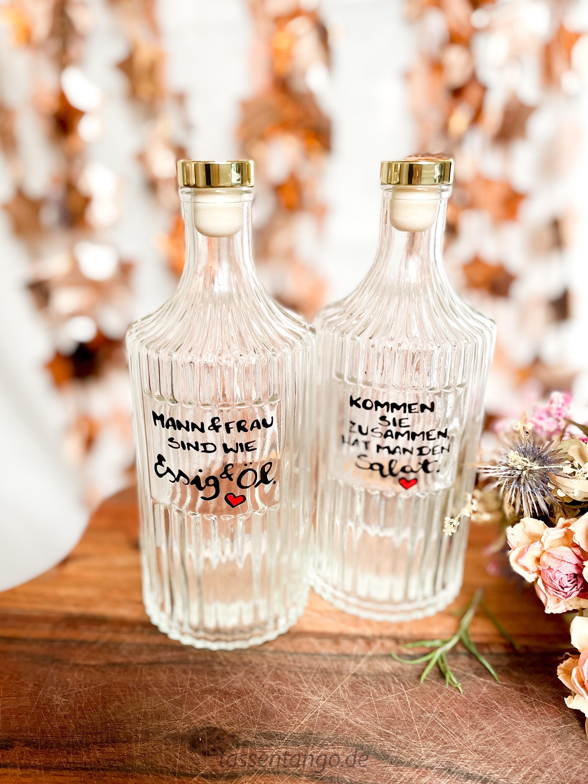 Essig & Ölflasche, Glasflasche für Öl Und Essig, Hochzeitsgeschenk, handbeschriftet mit Spruch Essig Öl, Mann und Frau sind wie Essig und Öl